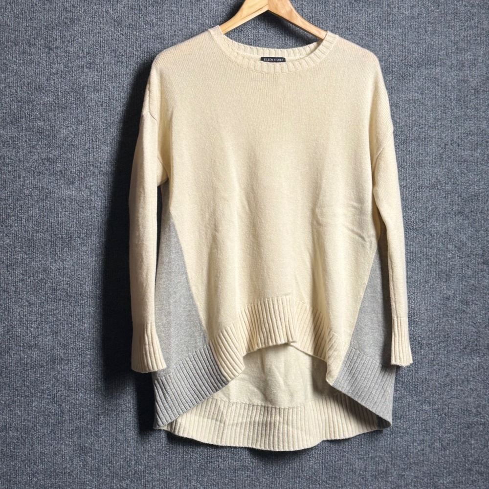 Eileen Fisher XXS XS Cream Gray Colorblock High Low Sweater Tunic Quiet Luxury - Picture 13 of 13